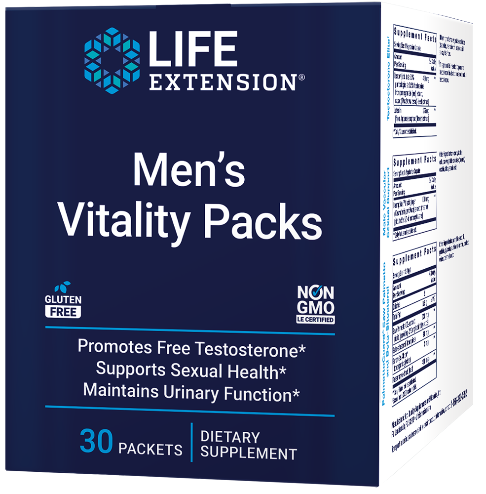 Life Extension’s Men's Vitality Packs provide 30 packs for men’s sexual, testosterone, prostate, and urinary health.